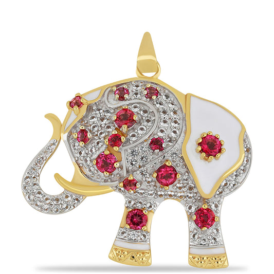 "Szerencsehozó elefánt" Aranyozott Ezüst Medál Tűzzománccal és Rózsaszínű Topázzal