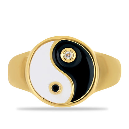 "Yin és Yang" Aranyozott Ezüst Gyűrű Tűzzománccal és Spinellel