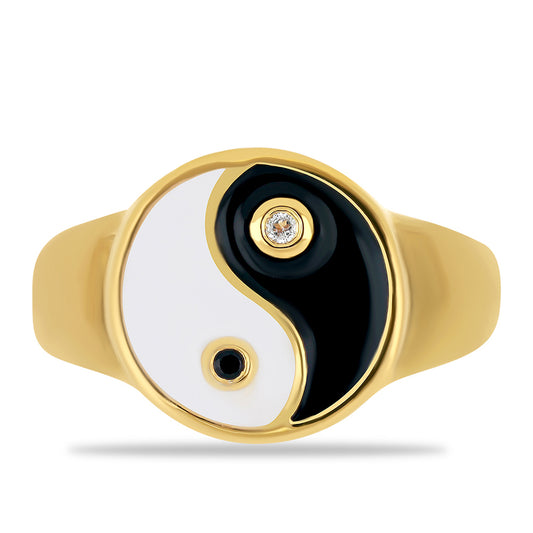 "Yin és Yang" Aranyozott Ezüst Gyűrű Tűzzománccal és Spinellel